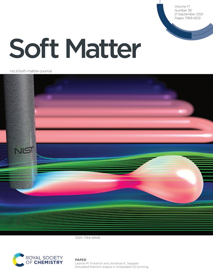 Journal cover. Title is Soft Matter. Image is of a pink globby horizontal filament coming out of a vertical metal cylindrical nozzle. Green lines flow around the filament in front of a dark background.
