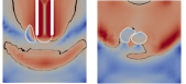 Colorful cross-sections of a nozzle extruding a new filament next to an existing filament. The nozzle is pressing into the old filament and deforming it, so it's squished up the side of the nozzle. The second image, downstream of the nozzle, shows that the two filaments look like two teardrops sitting next to each other.